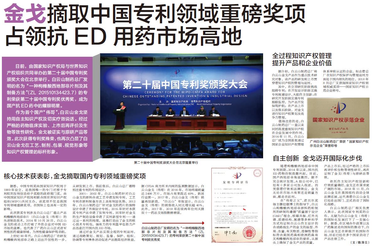 金戈摘取中国专利领域重磅奖项 占据抗ED用药市场高地
